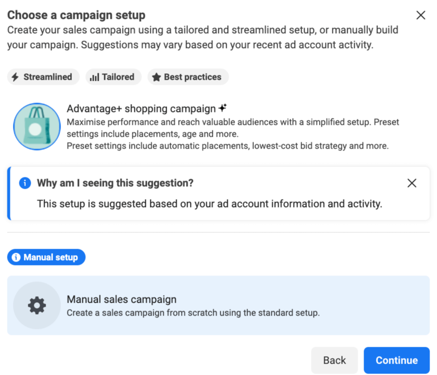 Campaign setup options - choose manual.