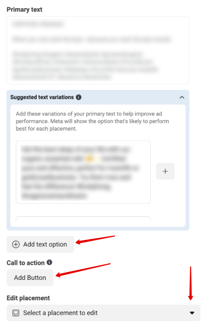 Ad copy section where you enter your Primary text.