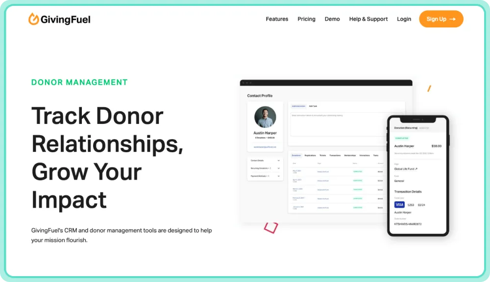 GivingFuel CRM pour suivre les relations avec les donateurs