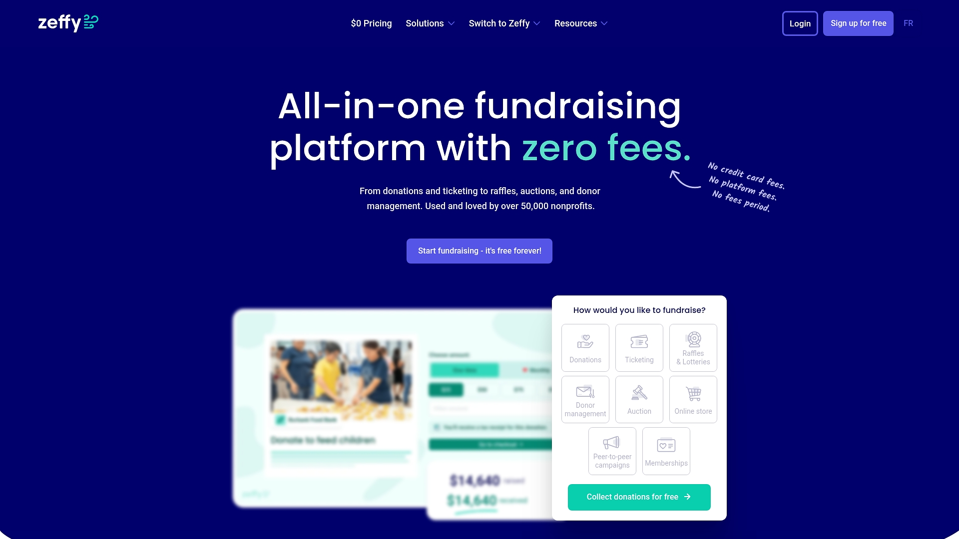 Screenshot of Zeffy’s all-in-one fundraising dashboard showing zero fees and options for donations, ticketing, raffles, auctions, and memberships for booster clubs.