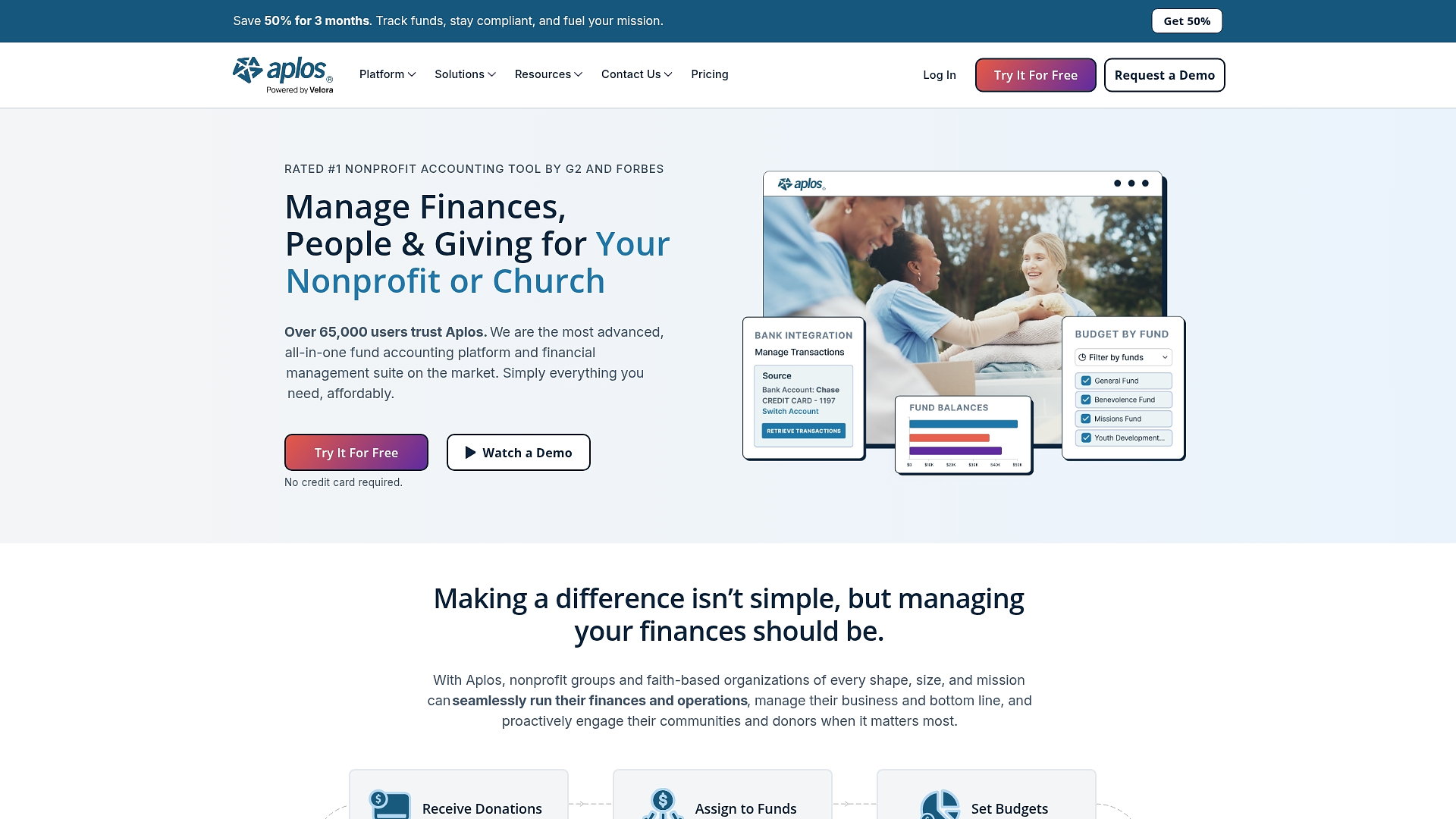 Aplos nonprofit accounting dashboard showing fund balances and budget by fund for financial management