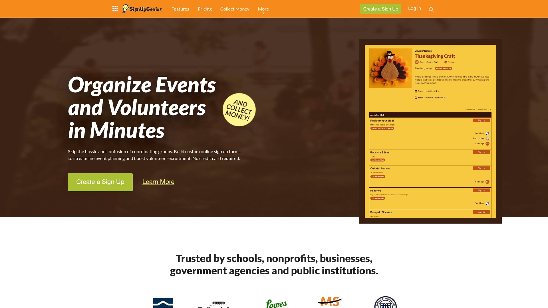 SignUpGenius volunteer event organization dashboard showing how booster clubs can coordinate sign-ups and collect money for events.