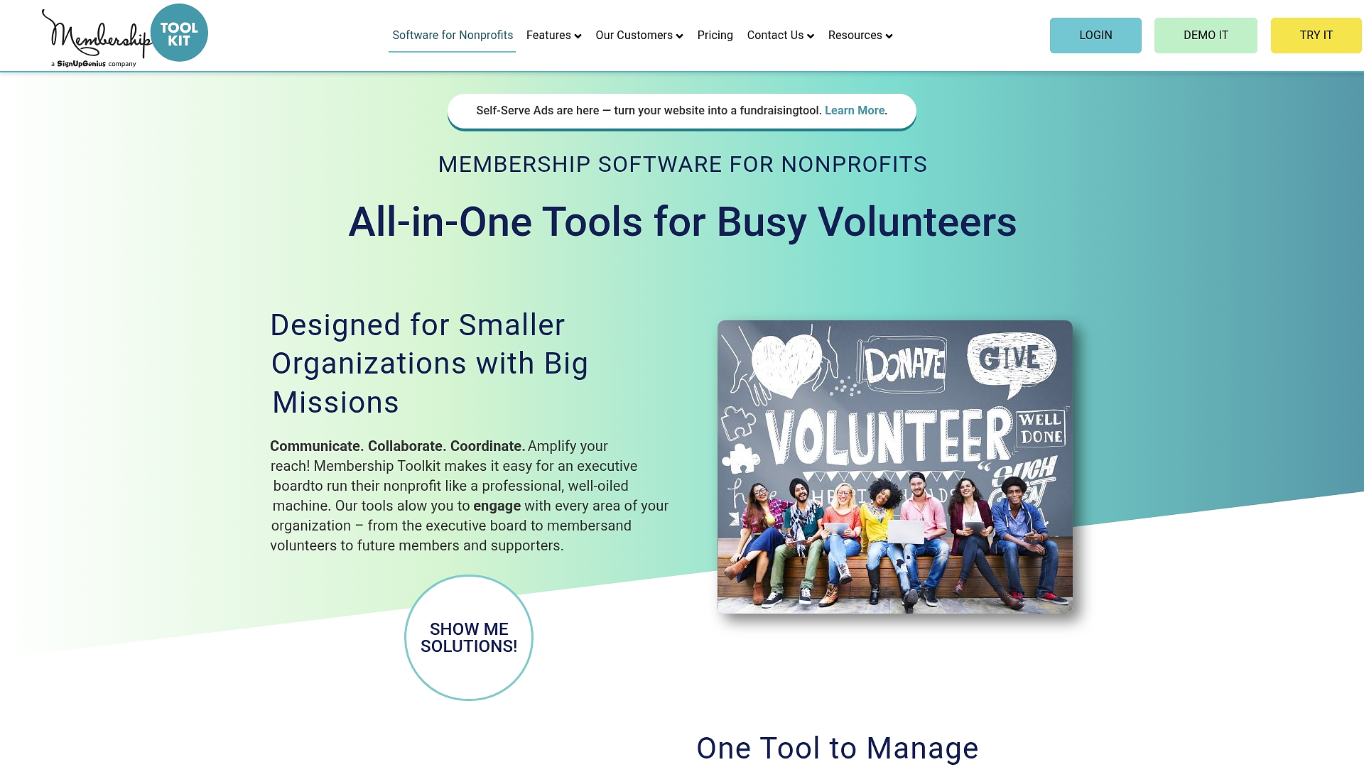 Screenshot of Membership Toolkit's homepage highlighting all-in-one tools for volunteers and nonprofit management.