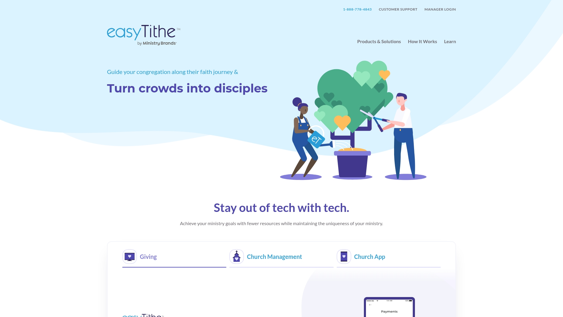 EasyTithe dashboard interface showing church giving management tools