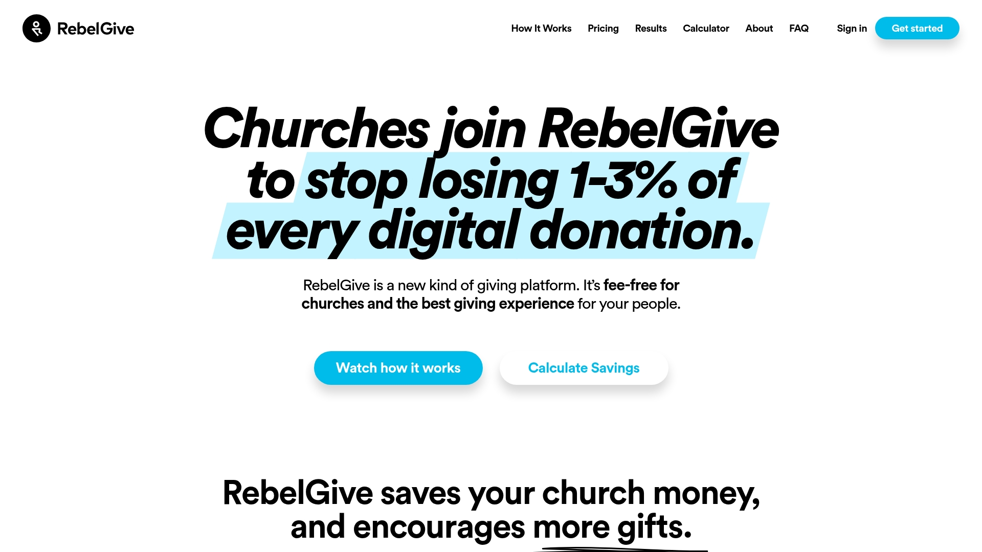 RebelGive interface displaying customizable church giving page options