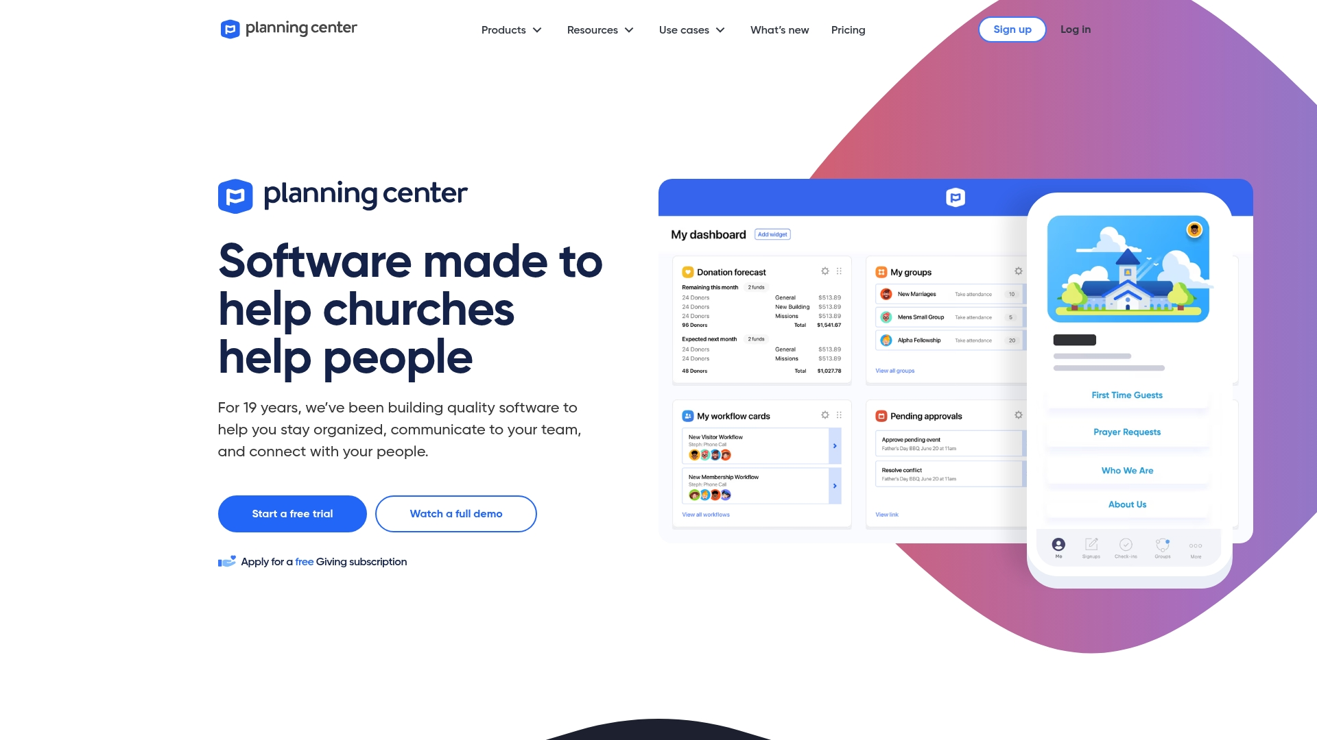 Planning Center interface showing church management and giving modules