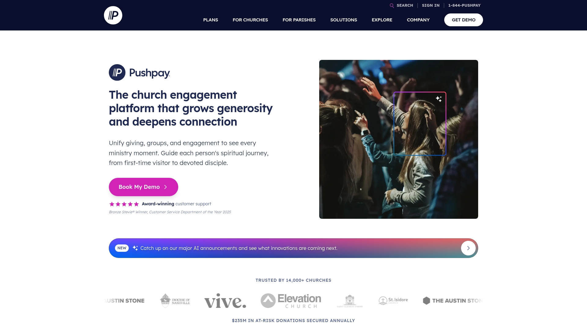 Pushpay dashboard displaying church engagement tools and analytics