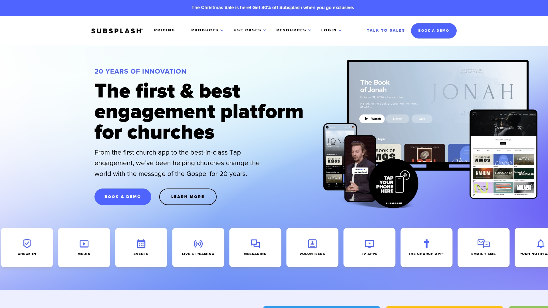Subsplash platform interface showing integrated church app features
