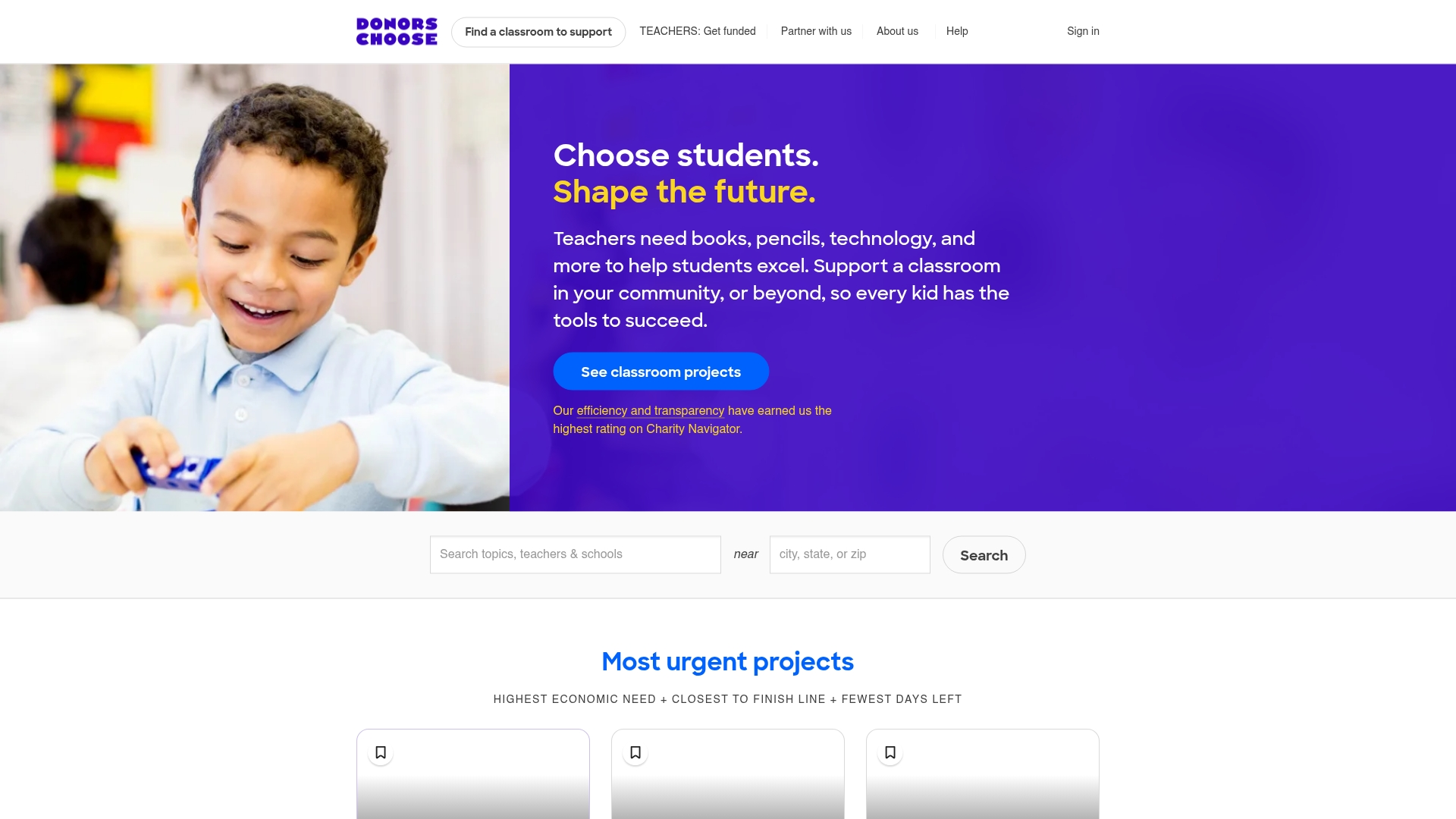 DonorsChoose classroom crowdfunding interface showing teacher requests
