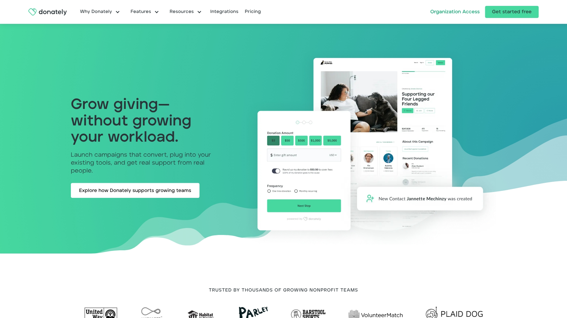 Donately donation platform interface showing campaign management tools