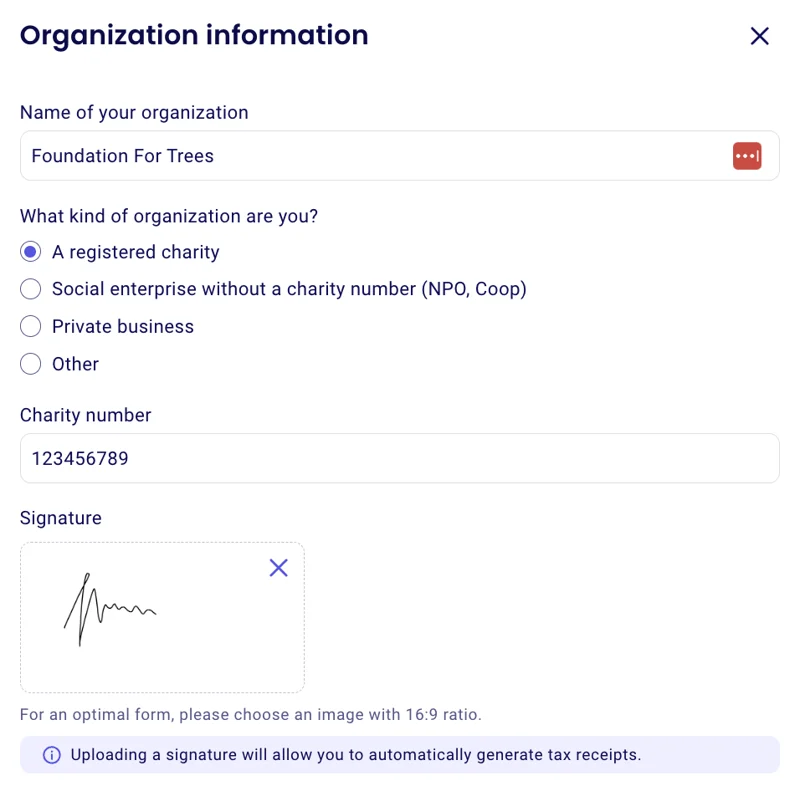 Zeffy account setup screenshot showing donation receipt configuration