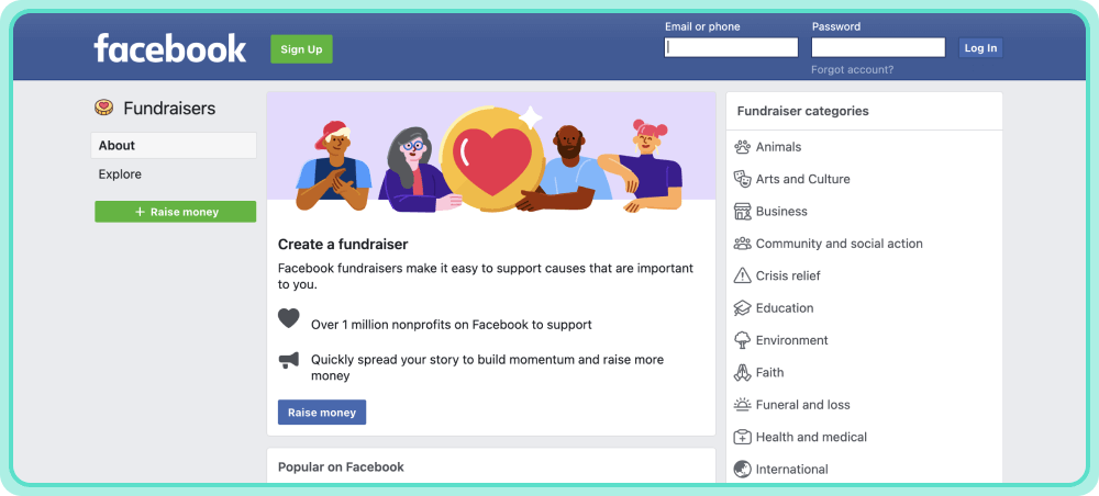 Facebook for creating a fundraiser
