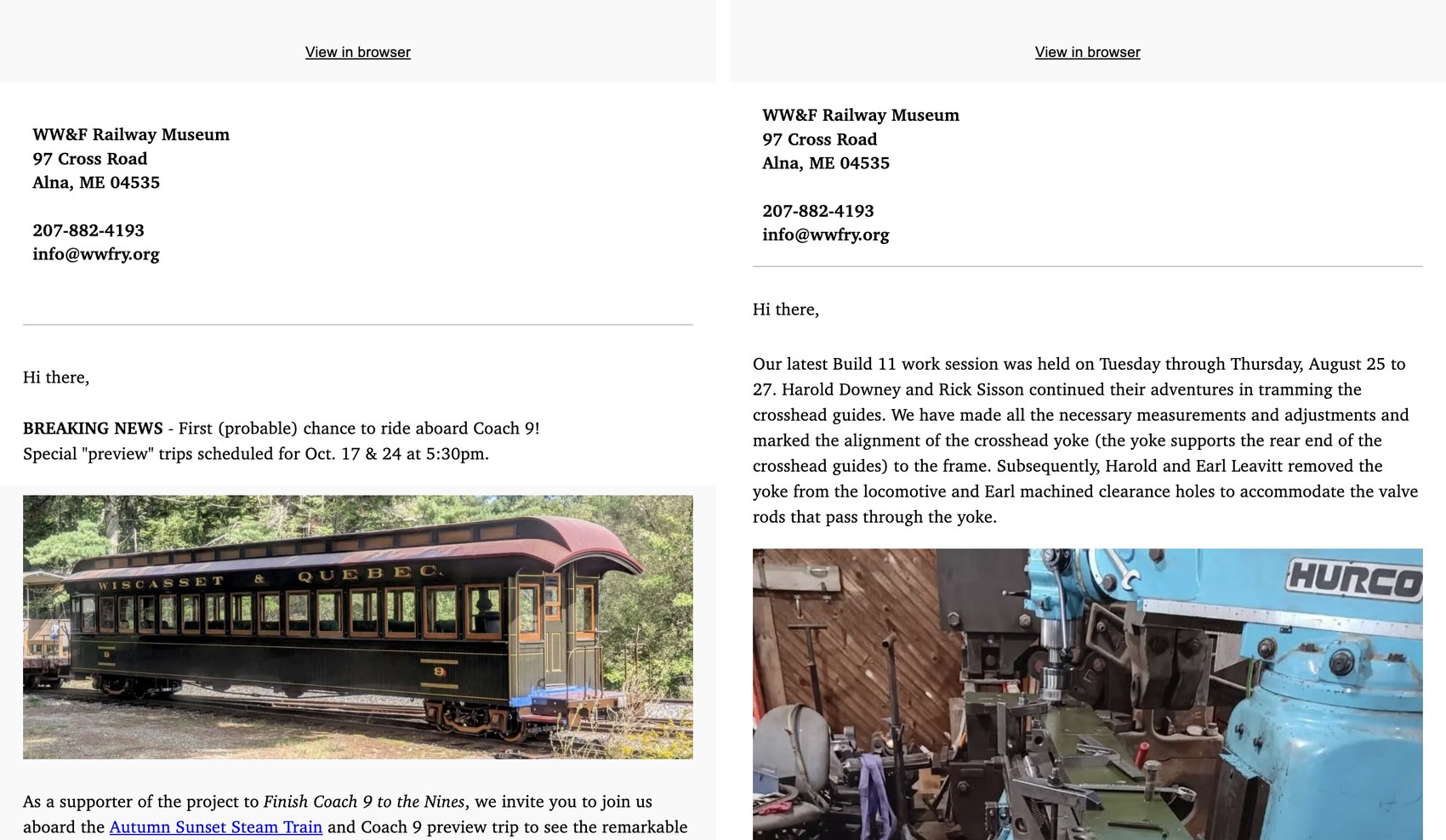 Two emails the museum sent with Zeffy: a Coach 9 preview-trip invitation and a Build 11 work-session update.