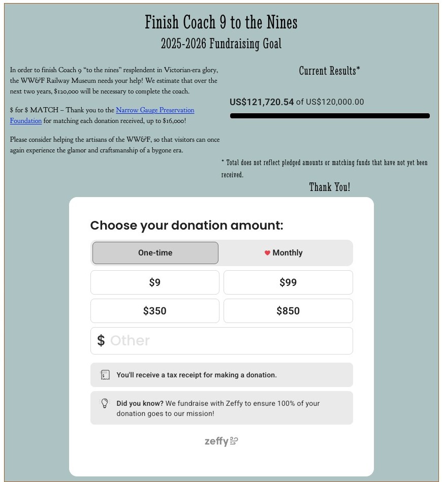 The Coach 9 fundraising panel on wwfry.org, with a Zeffy donation form showing one-time and monthly amounts.