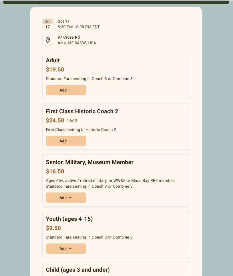 The Zeffy ticket picker on the Autumn Sunset Steam Train page, listing adult, first class, senior, and youth tickets.