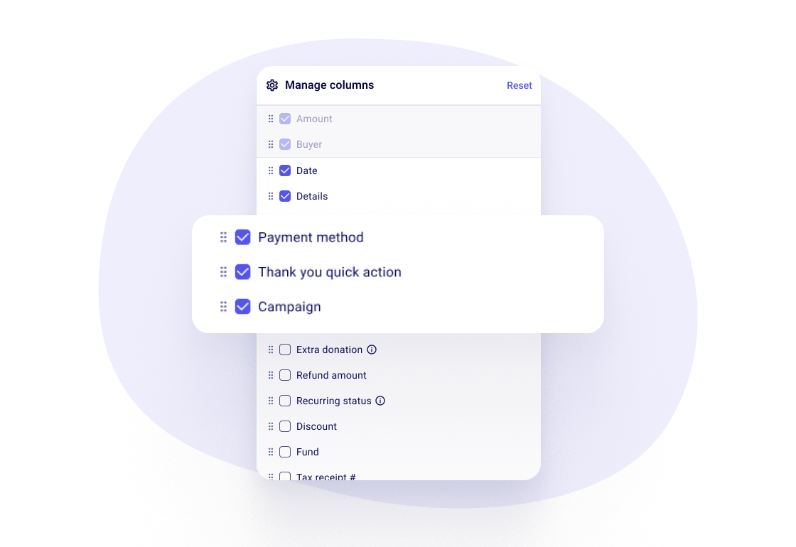 Manage columns panel on the Payments list