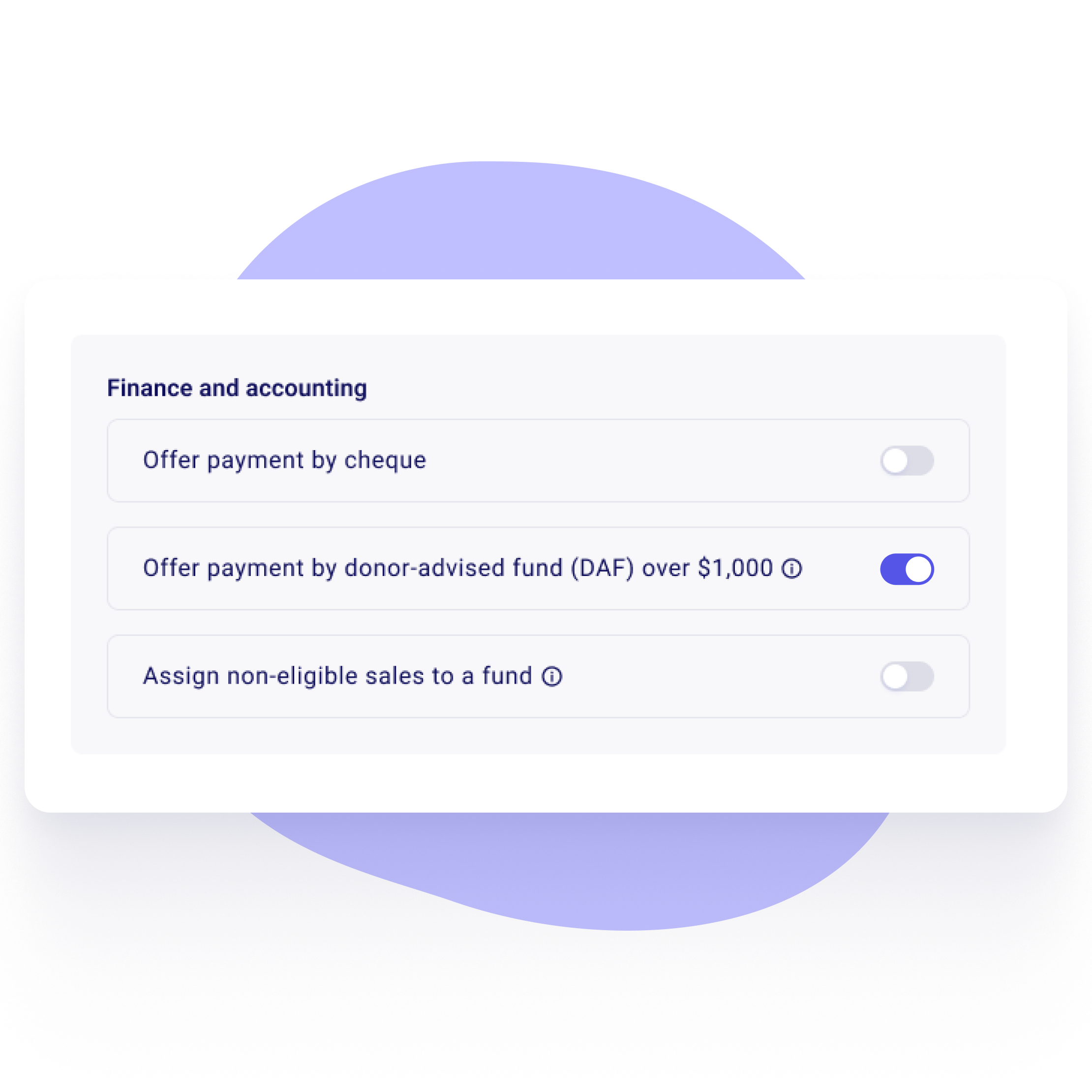 Zeffy form setting to offer payment by donor-advised fund (DAF) over $1,000, turned on