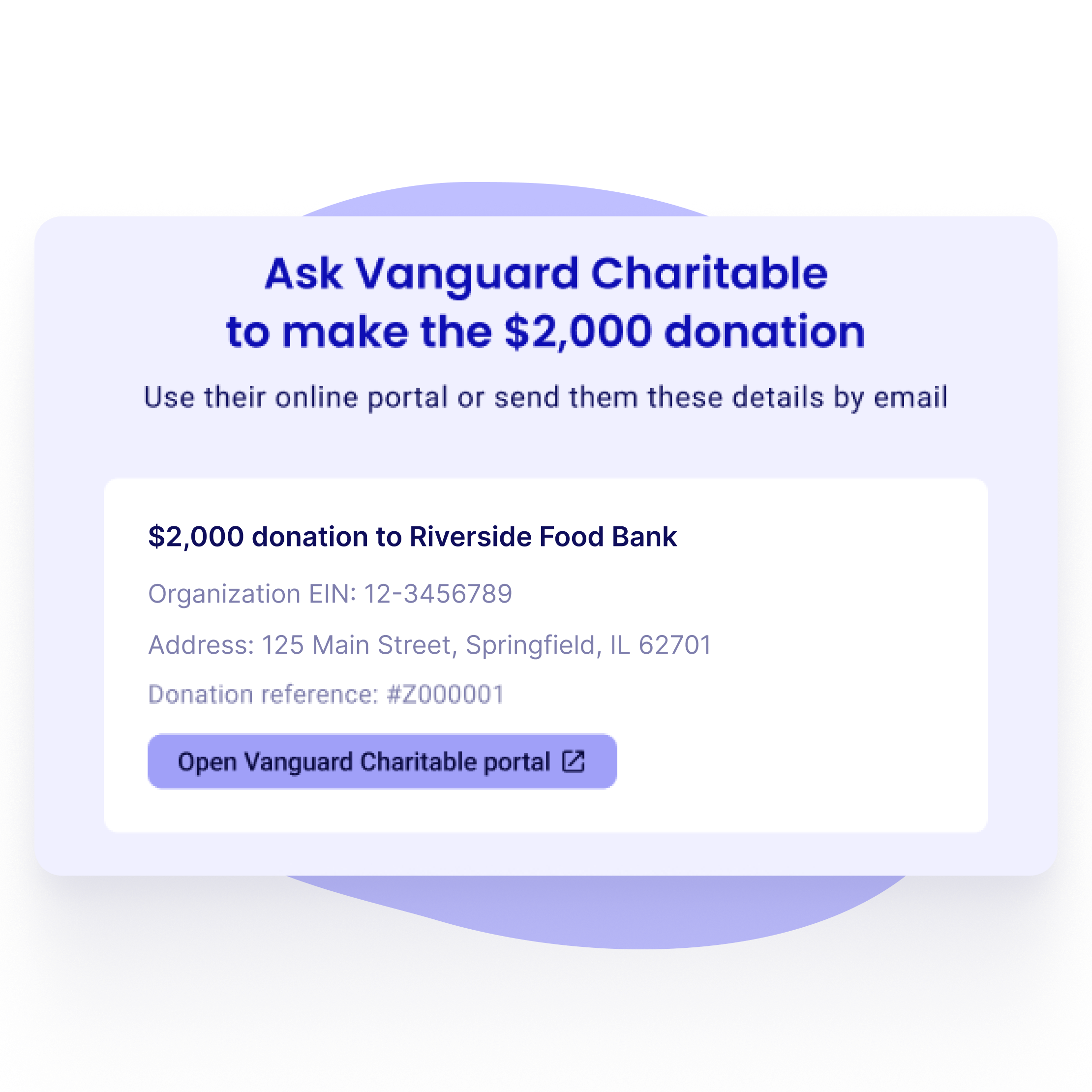 Donation details ready for the donor's fund: amount, nonprofit name, EIN, address and donation reference