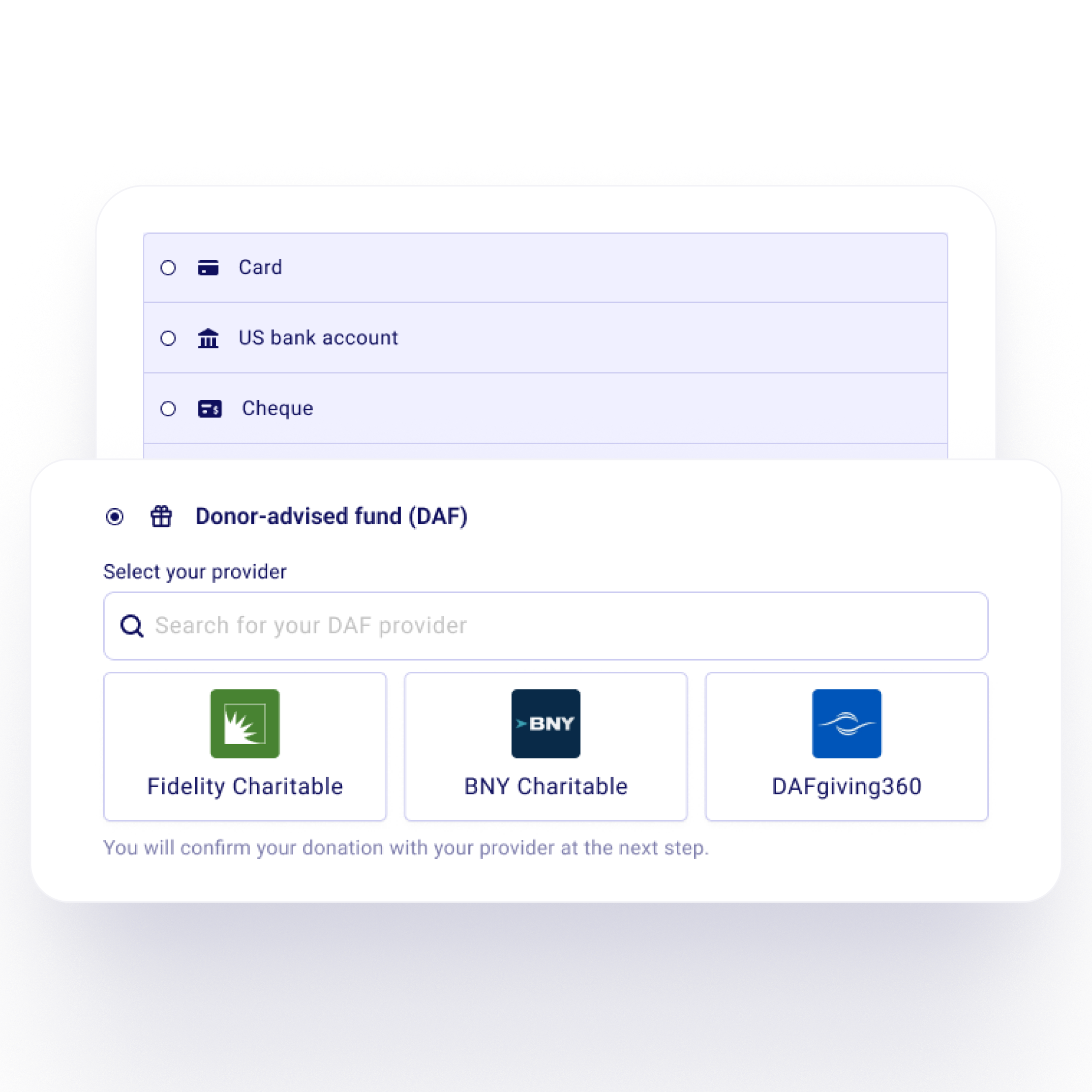 Zeffy donation form with the donor-advised fund (DAF) payment option and the fund provider picker