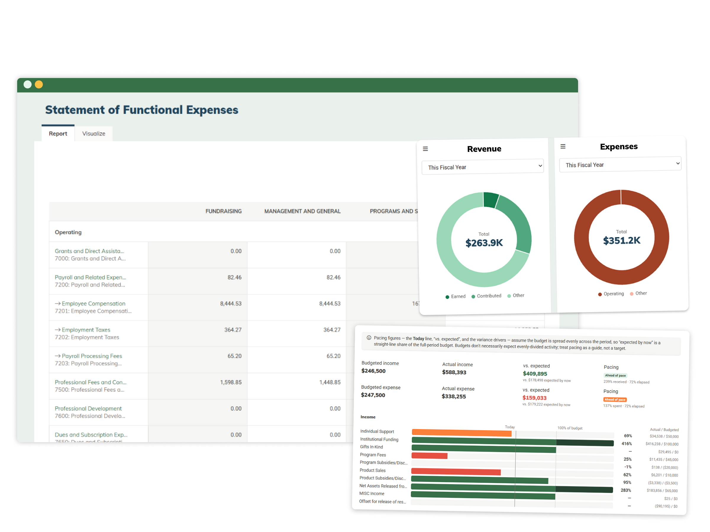 MonkeyPod nonprofit accounting reports: statement of functional expenses, revenue and expenses, budget pacing
