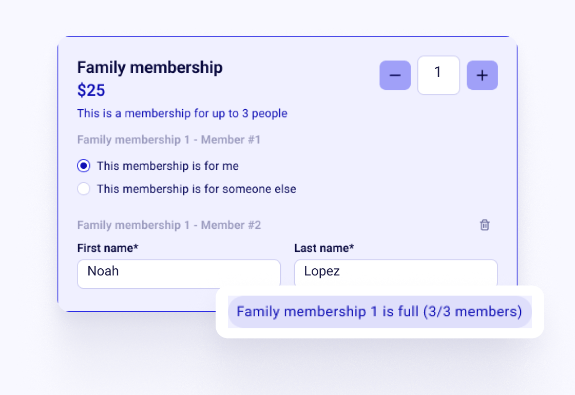 Family membership tier for up to 3 people, with each member's name filled in