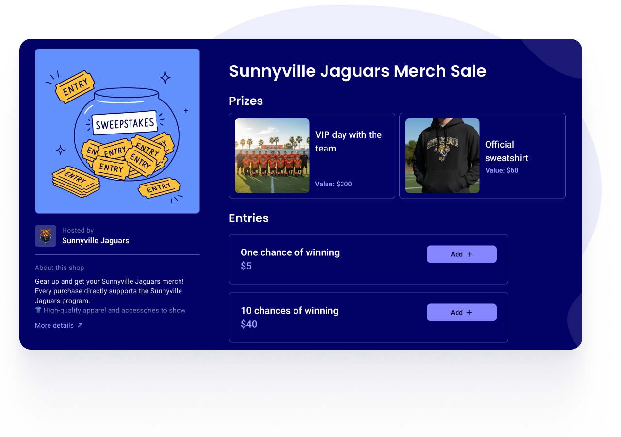 Sweepstakes campaign page showing prizes with their value and entry options
