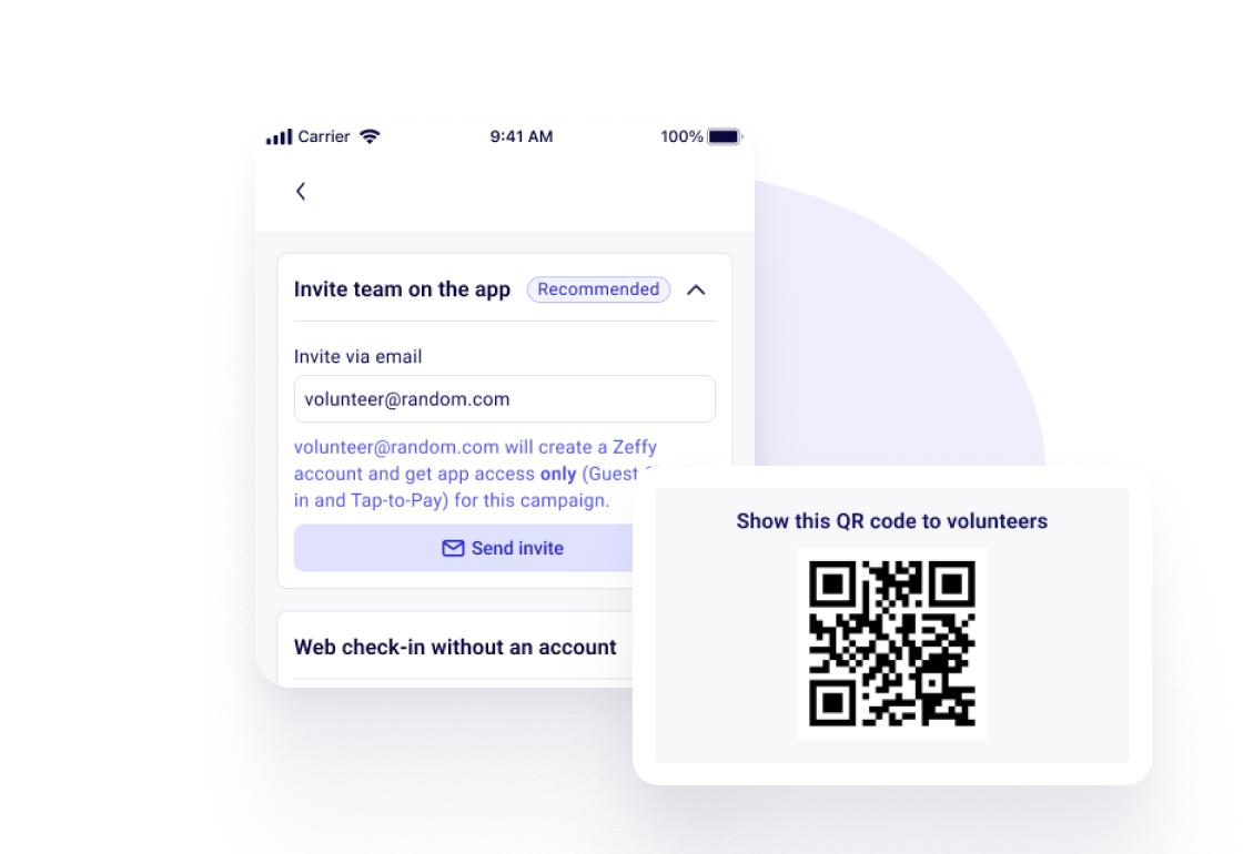 Volunteer access in the Zeffy app: invite by email, or show a QR code for web check-in