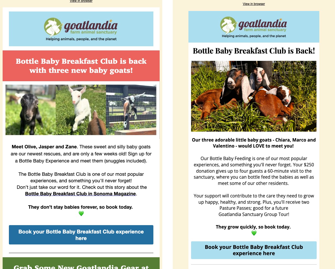 Two Goatlandia emails announcing the Bottle Baby Breakfast Club, each with a button to book a visit.