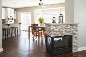 Kitchen Peninsula Stone Fireplace