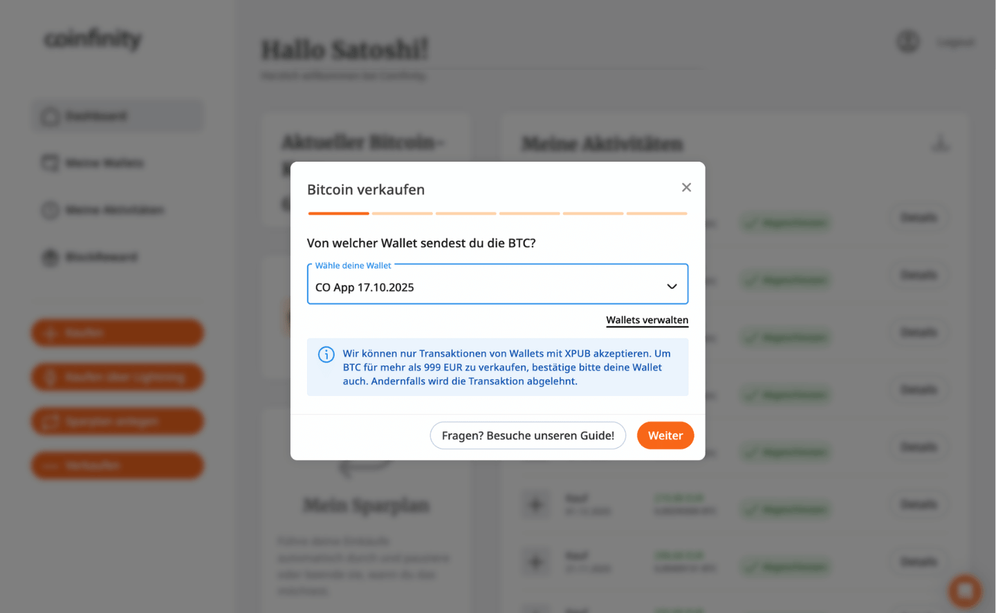 Wähle die Wallet aus, von der du verkaufen möchtest