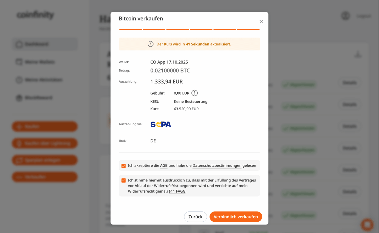Überprüfe und bestätige die Details zum Verkauf