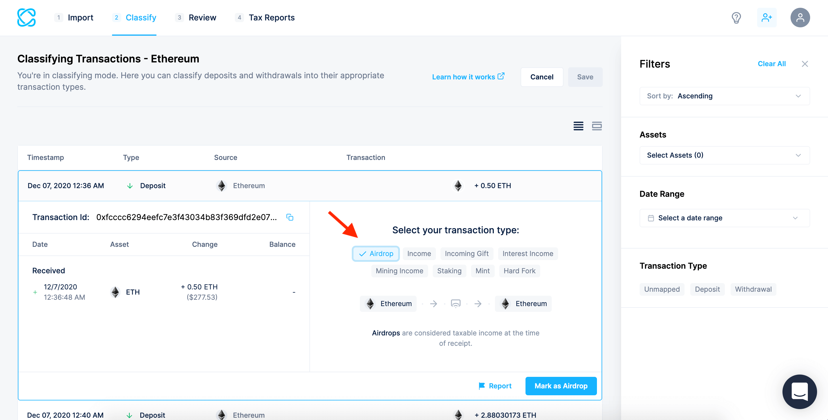 Airdrop taxes in CoinLedger