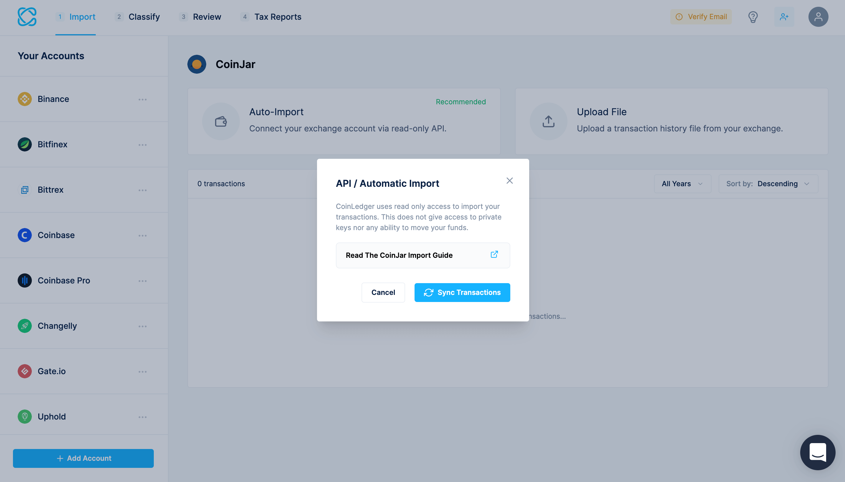 Sync transactions Coinjar