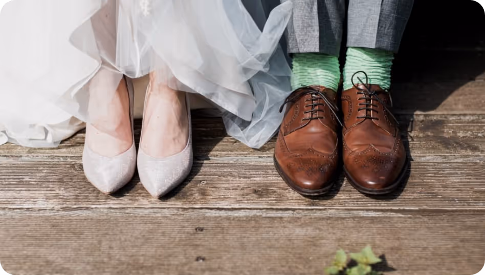 a zoomed imaged of a wedding couples' footwear
