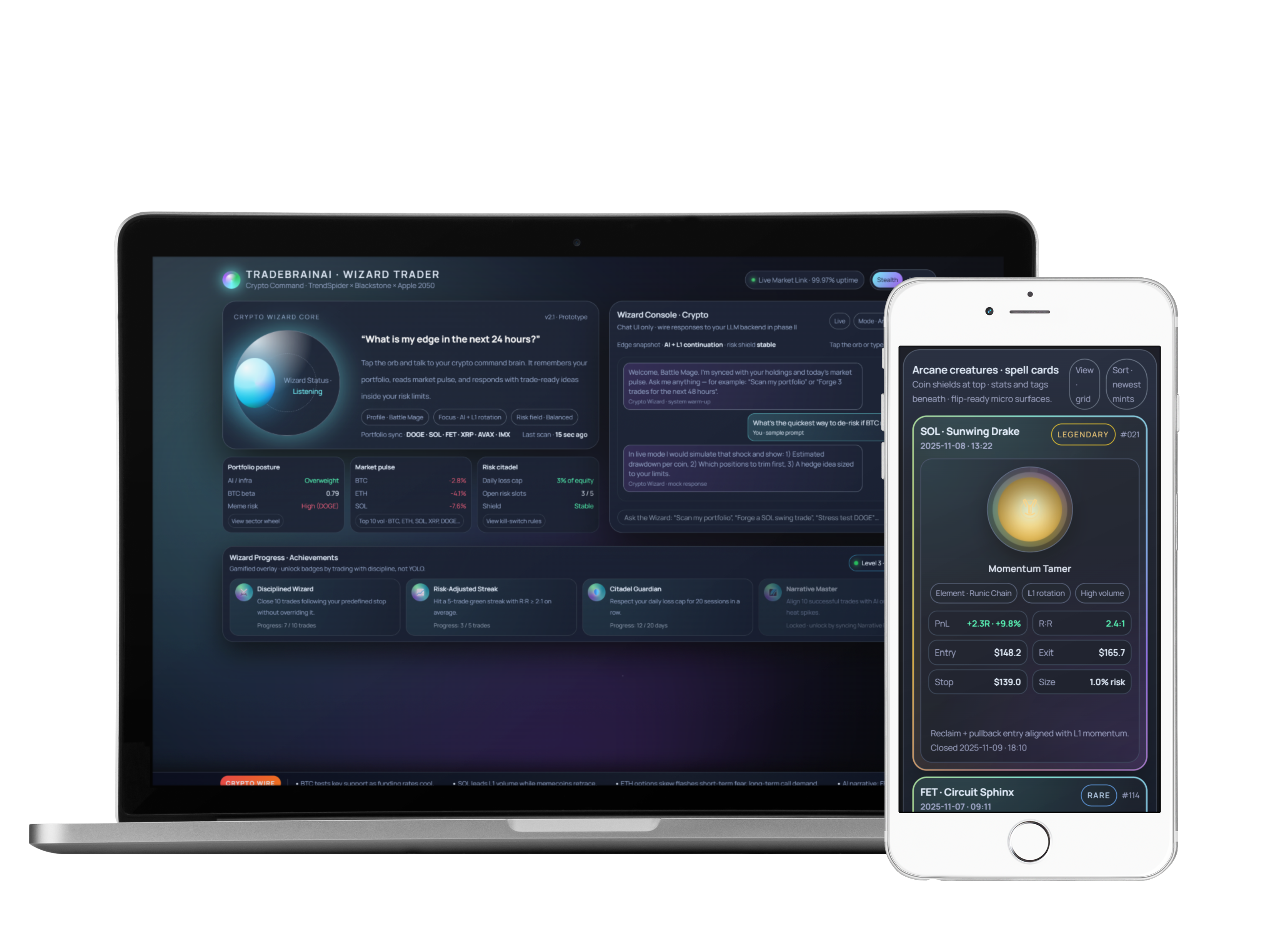 TradeBrainAI session engine dashboard on laptop
