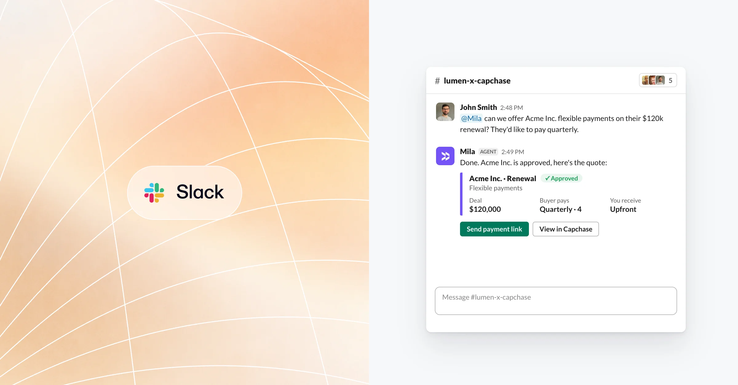 Mila replying in a Slack channel with an approved flexible-payments quote for Acme Inc.