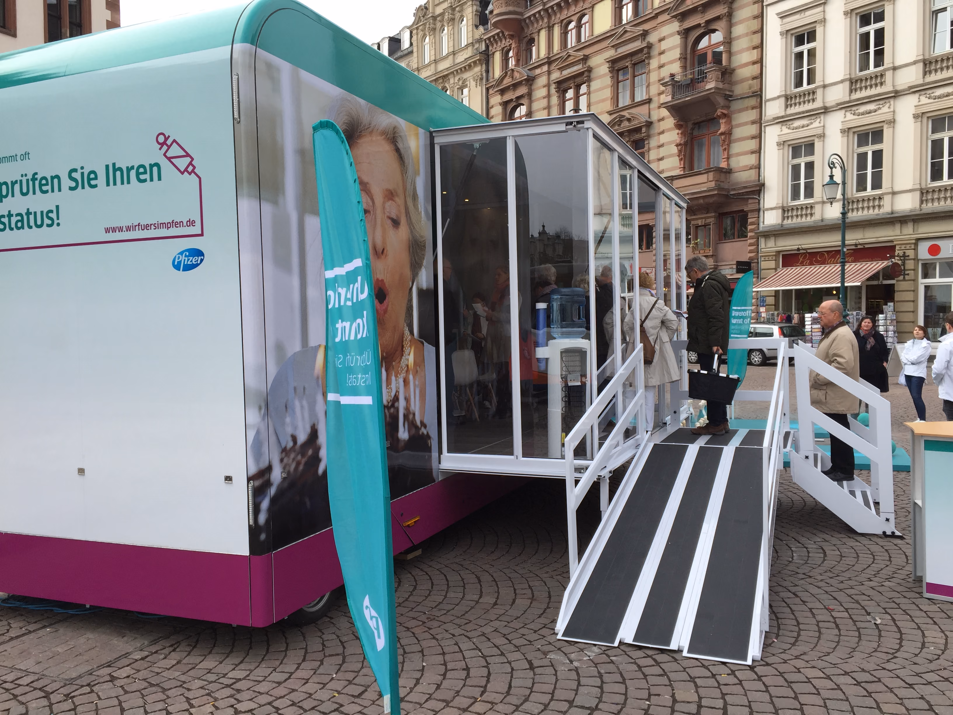 Entrance of the Marchi Lite trailer from the Pfizer vaccination roadshow.