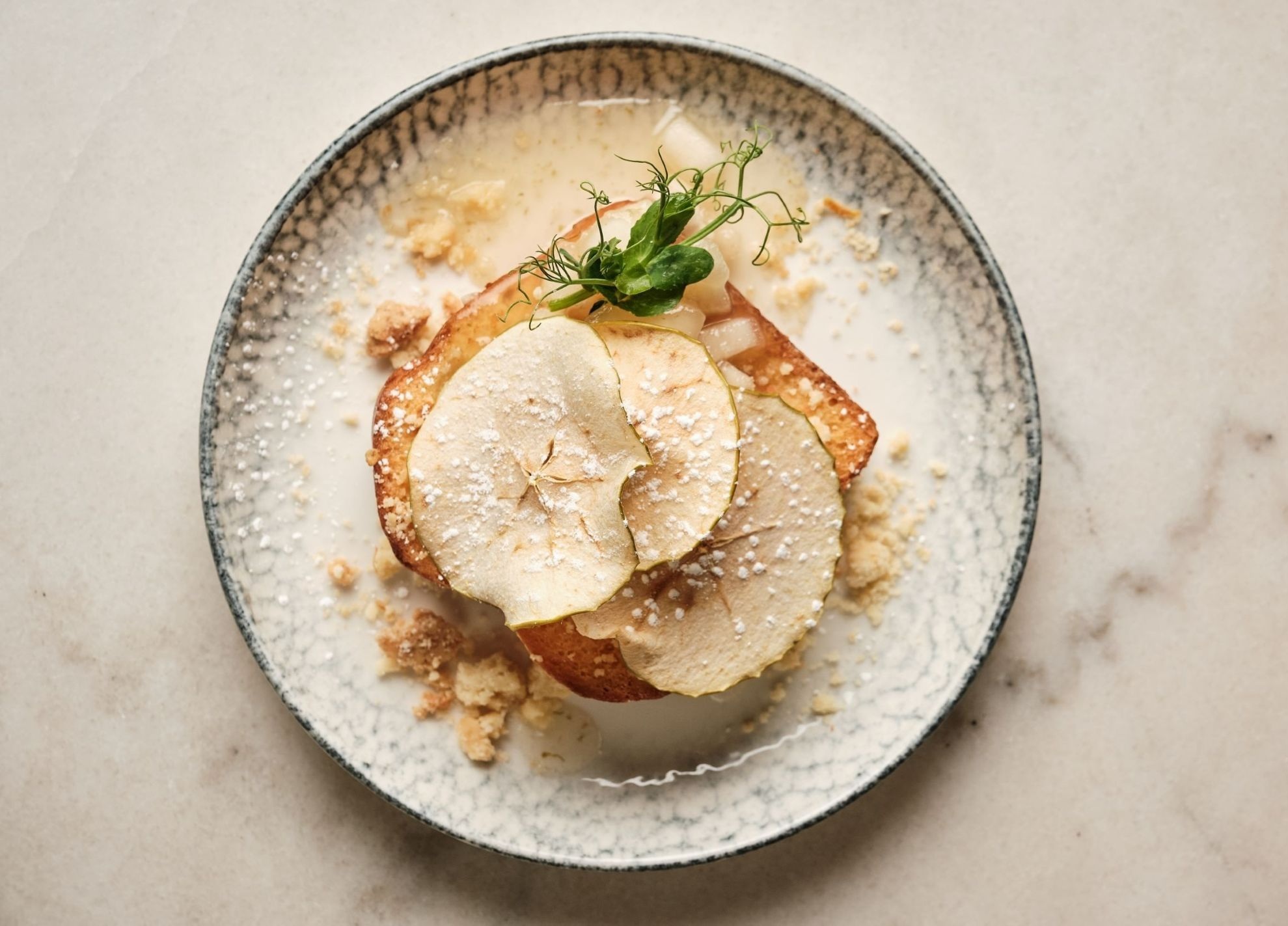 Gourmet dessert with dried apple slices, crumble, and green garnish on a patterned plate.