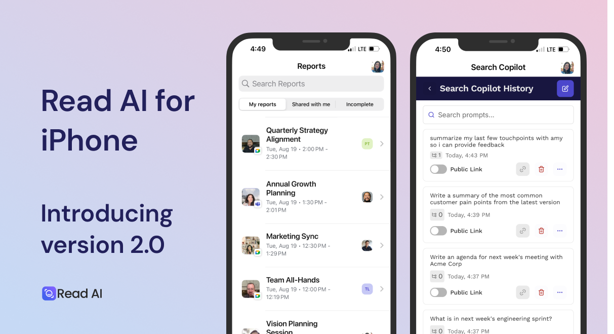 The Read AI iPhone app version 2.0 makes in-person meetings and lectures easier to record, and puts Search Copilot front-and-center. Plus: Join the waiting list for our Android app, coming this fall.