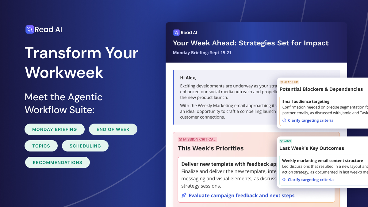 La suite Agentic Workflow de Read AI ayuda a los usuarios a obtener claridad, ahorrar tiempo, reducir la sobrecarga de reuniones y aumentar la productividad. El nuevo vicepresidente de producto, Justin Farris, se une para dar forma a la evolución de Read AI hasta convertirse en el mejor asistente de trabajo.