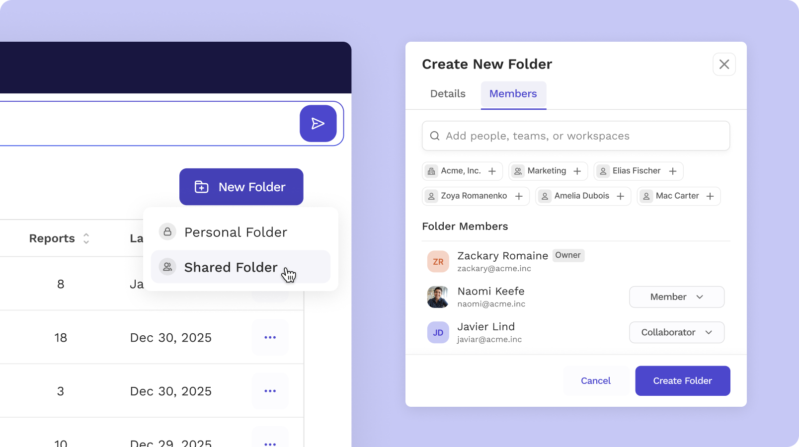 Con le cartelle condivise, puoi consentire a colleghi e collaboratori di accedere contemporaneamente a gruppi di report sulle riunioni. 