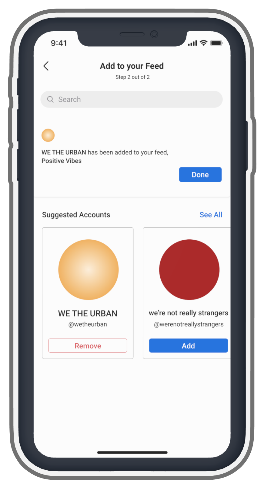 Preview of how to add accounts to your new feed. 