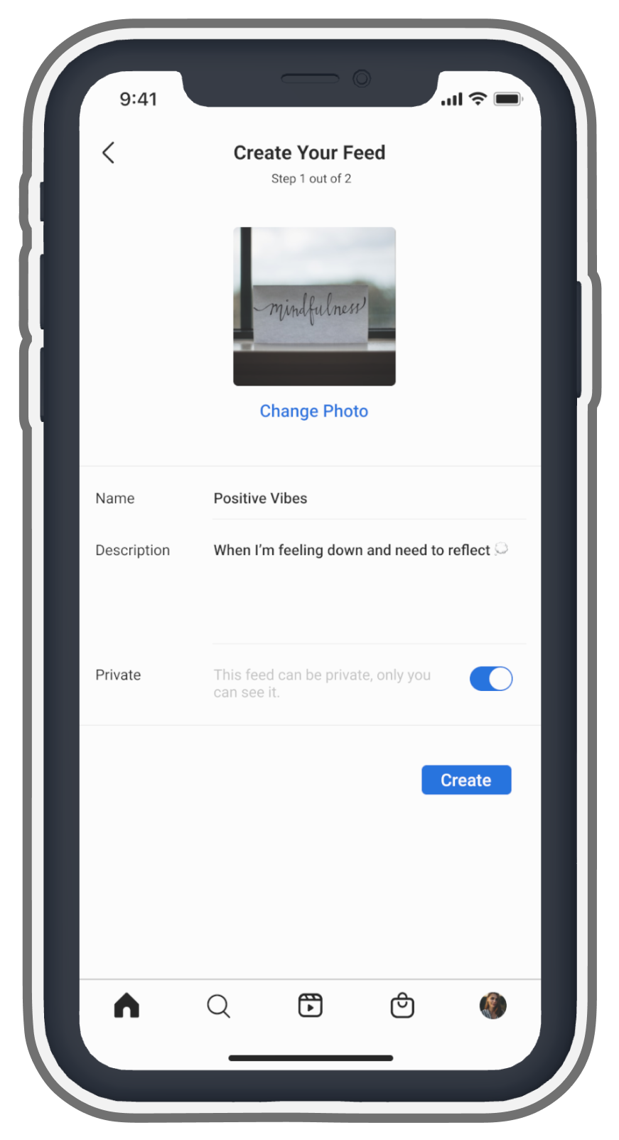 Preview of what it looks like to create your own feed. You can add an image, name the feed, add a description and control whether you would like the feed to be public or private. If the feed is private, it is only accessible to you