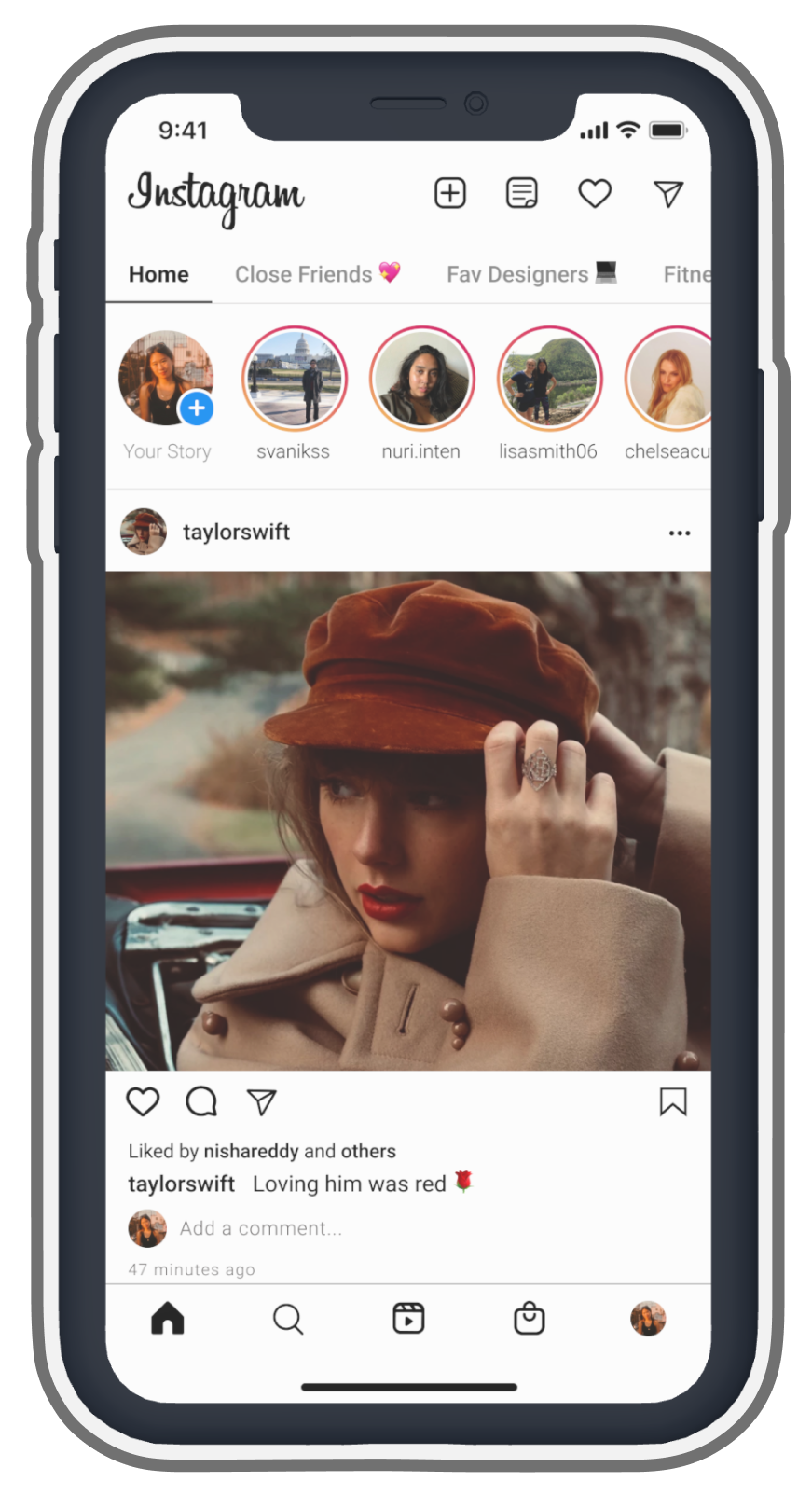 Preview of what your Instagram homepage looks like with feeds pinned. There are different tabs above the stories and you can quickly swipe to switch to another feed depending on the content you'd like to see