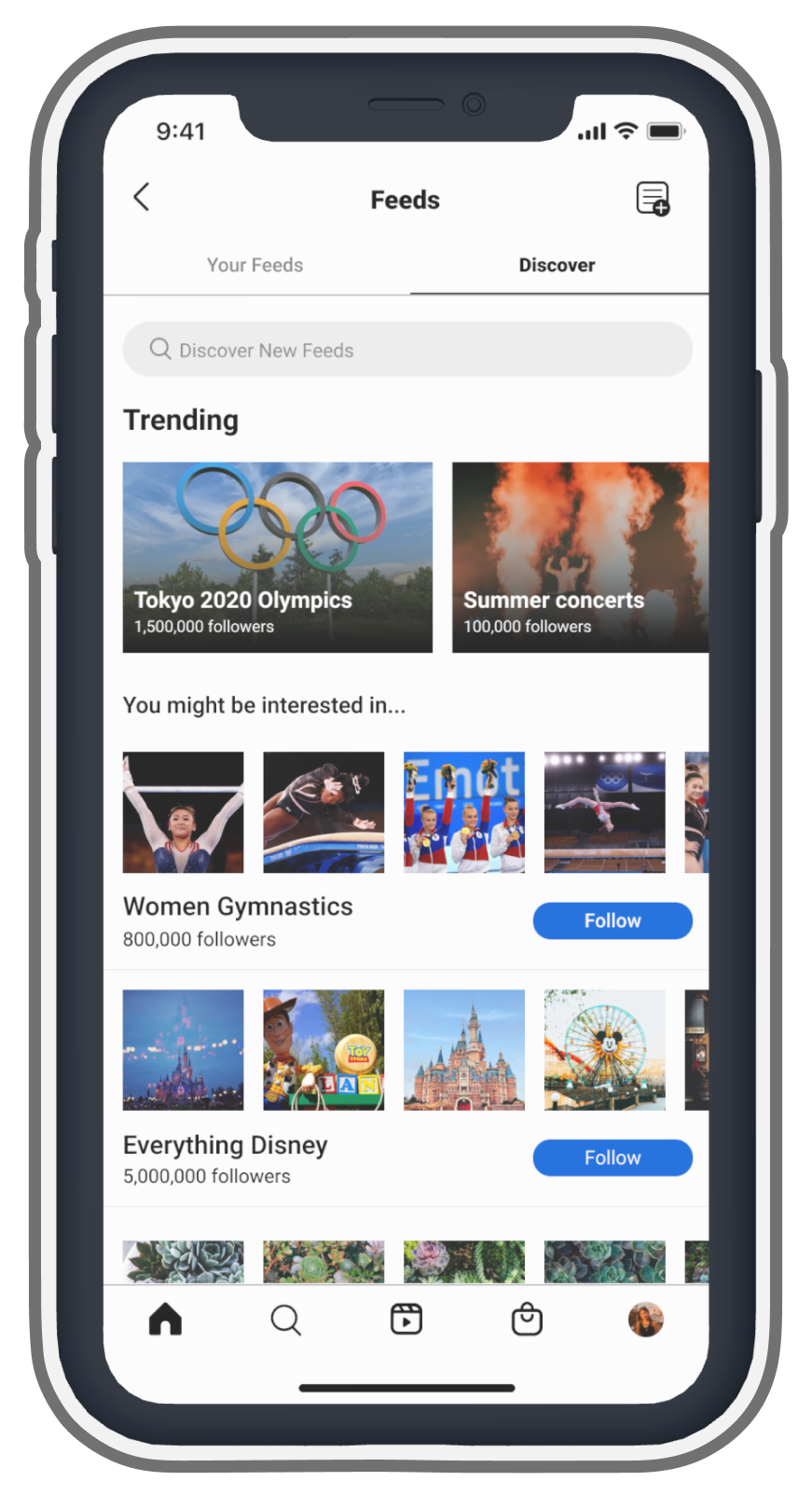 Preview of a final design that shows a discover tab. Here, users can discover existing feeds created by other users