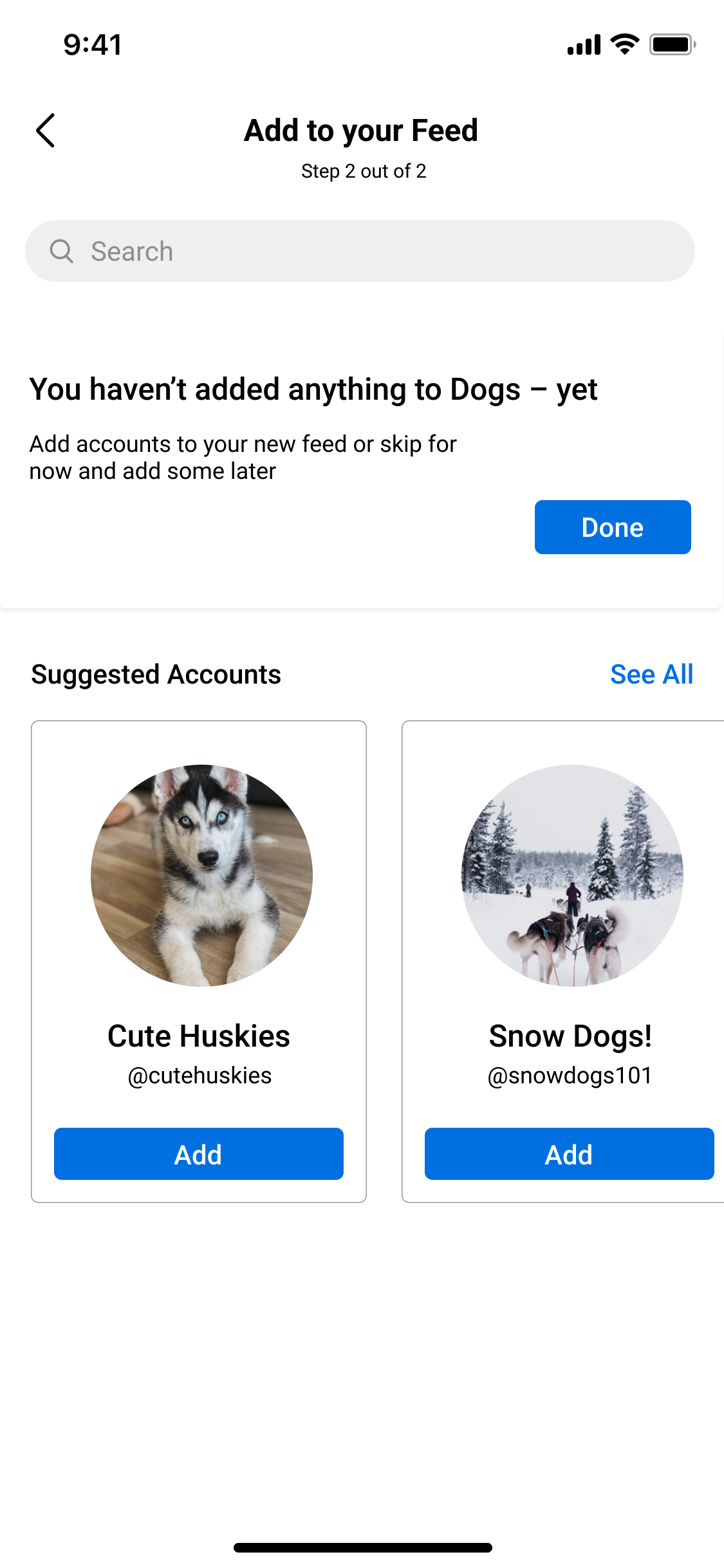 This shows an updated version of the add to feeds page. There is a carousel of cards suggesting  accounts that a user can add based on the name of the feed.