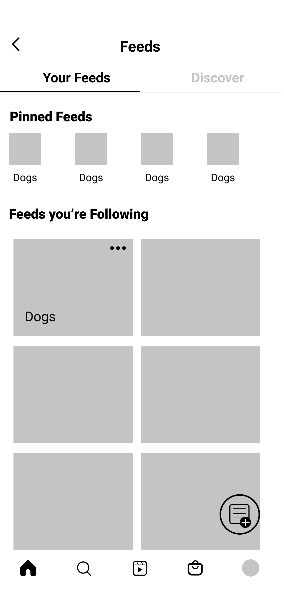 This is the 2nd option of how to show the feeds feature. There are 2 groupings: Pinned Feeds & Feeds you're following. However, this wireframe is showing feeds as image thumbails rather than a list; this emphasizes how Instagram is a image based app rather than list based. 
