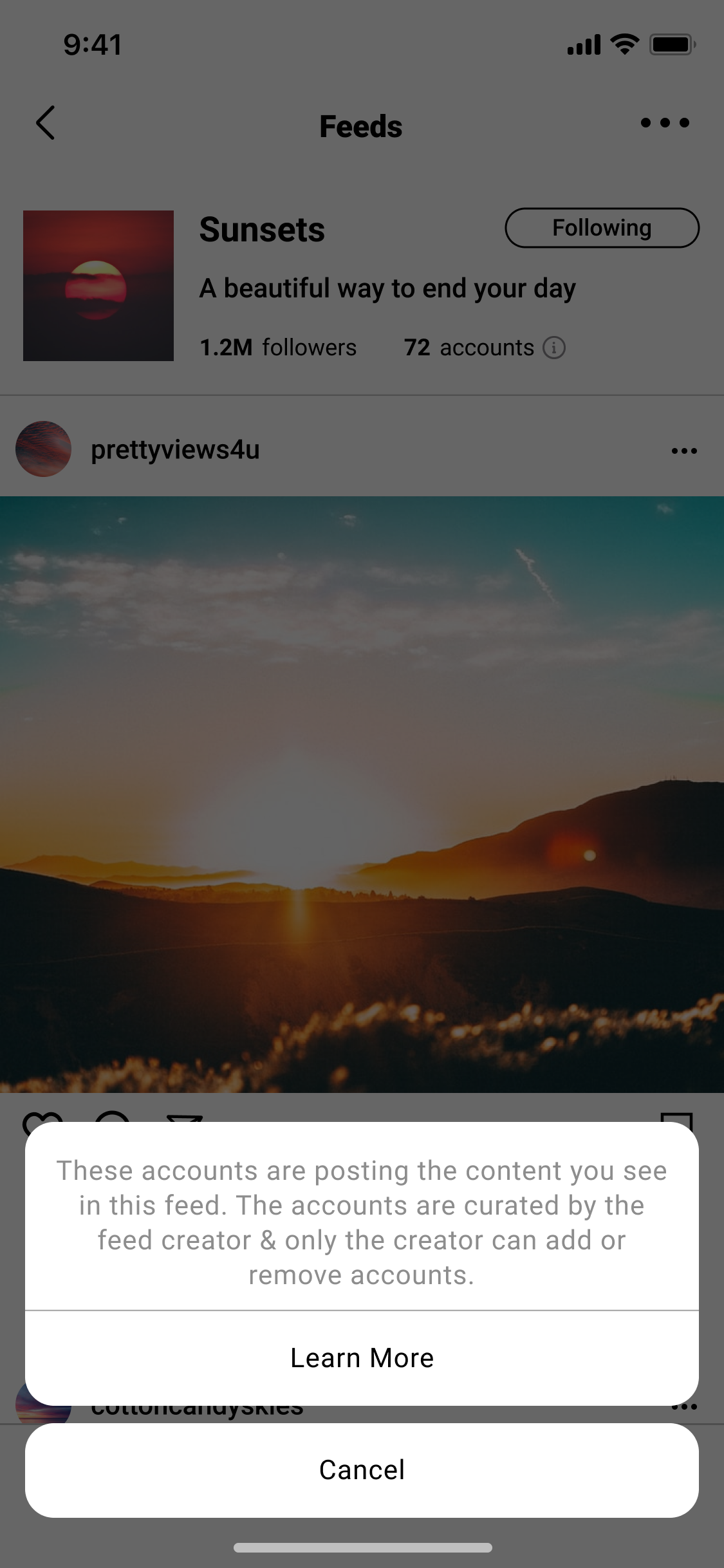 this image shows what it looks like when a user clicks an information icon next to "accounts". It provides them with more context info that says "These accounts are posting the content you see in this feed. The accounts are curated by the feed curator & only the creator can add or remove accounts"