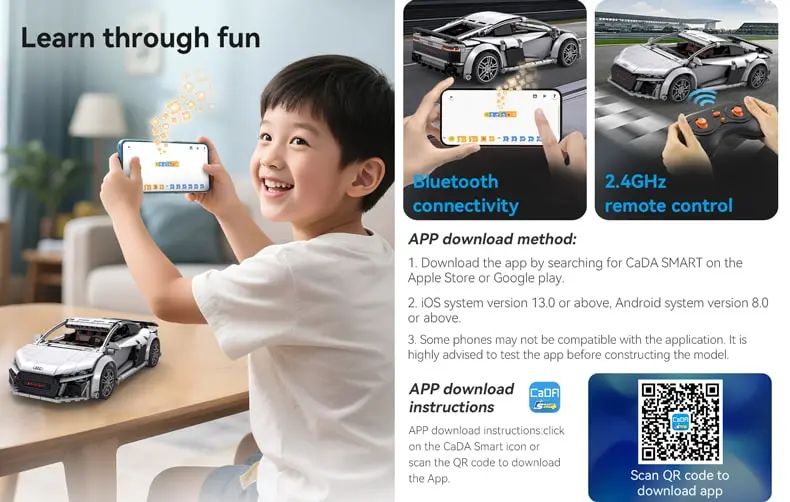 Happy chinese kid controls a car model with a phone application