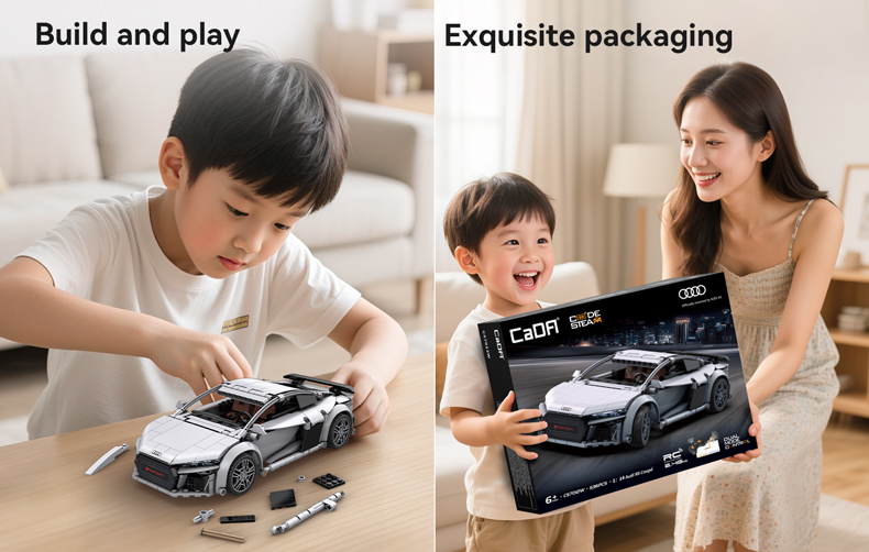 Young kid building a toy model Auri R8 
